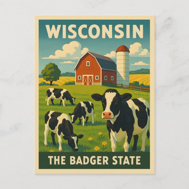 Retro Vintage Travel Wisconsin Dairy Farm Scenic Postcard (Front)