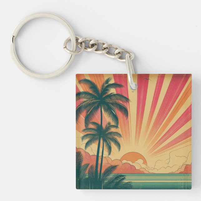 Retro/vintage tropical/Hawaiian sunset  Key Ring (Front)