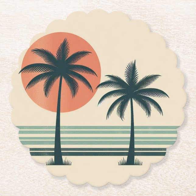 Retro/vintage tropical palms tree paper coaster (Front)