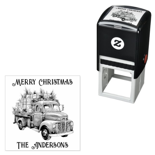 Retro Vintage Truck Merry Christmas Self-inking Stamp (In Situ)