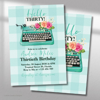 Retro Vintage Turquoise Typewriter Flower Birthday Invitation
