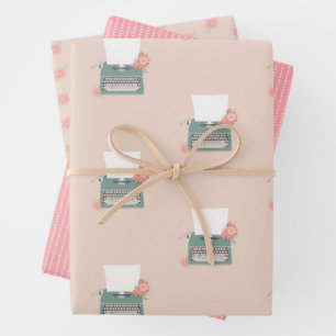 Retro vintage typewriter & flowers wrapping paper sheet