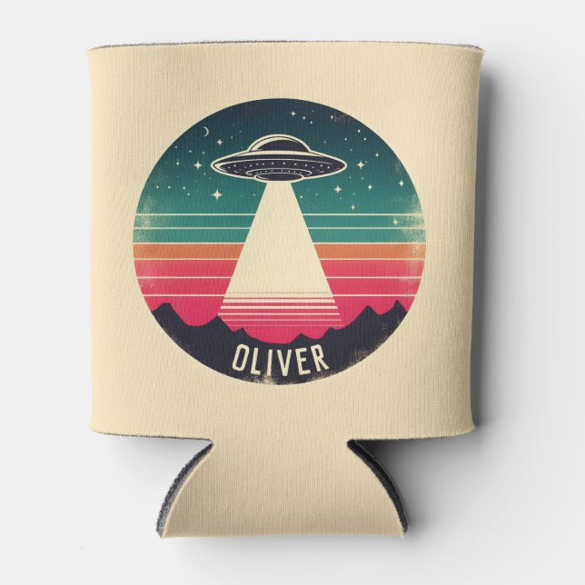 Retro Vintage UFO at Sunset Personalised Can Cooler (Front)