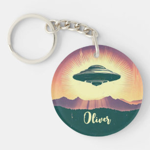Retro Vintage UFO at Sunset Personalised Key Ring