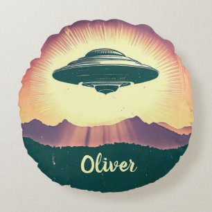 Retro Vintage UFO at Sunset Personalised Round Cushion