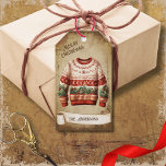Retro Vintage Ugly Sweater Merry Christmas  Gift Tags<br><div class="desc">Beautiful retro vintage illustration of warm ugly sweater on a retro grunge background and frame for an aged or vintage look. Design features a vintage scroll ribbon for your personalisation both in the front or the back sides of this elegant,  and timeless Holiday Gift Tag.</div>