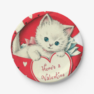 Retro vintage Valentine cat Holiday party Paper Plate