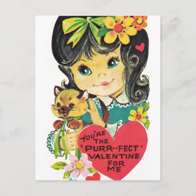Retro Vintage Valentine girl cat Holiday postcard (Front)