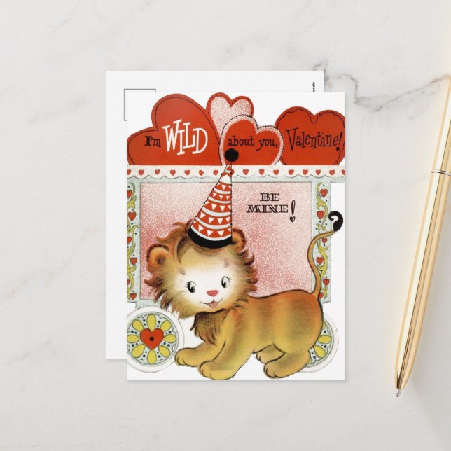 retro vintage Valentine lion Holiday Postcard (Front/Back In Situ)