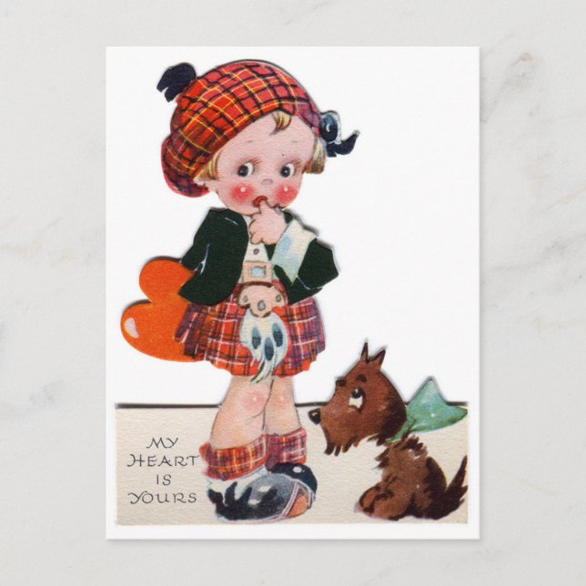 Retro Vintage Valentine Scottish girl postcard (Front)