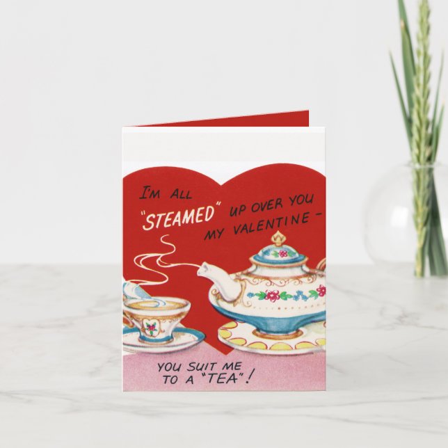 retro vintage Valentine tea add sentiment Holiday Card (Front)