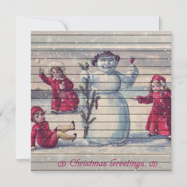 Retro | Vintage Winter Children Making Snowman Holiday Card (Front)