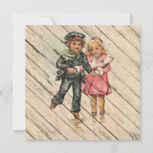 Retro   Vintage Winter Children Skate On Ice Holiday Card