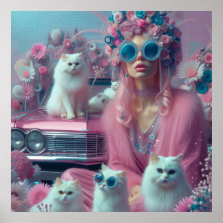 Retro vintage woman with white cats poster