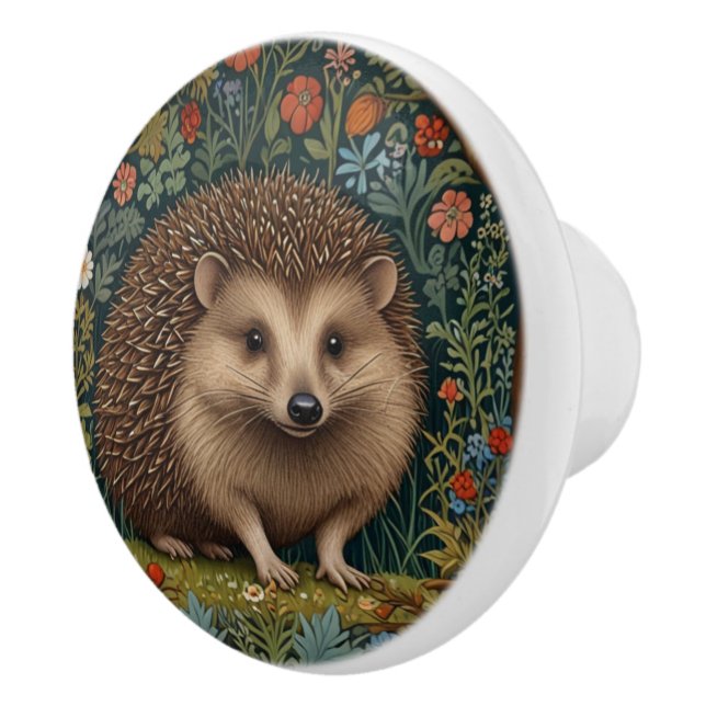 Retro vintage woodland hedgehog woodland botanical ceramic knob (Right)