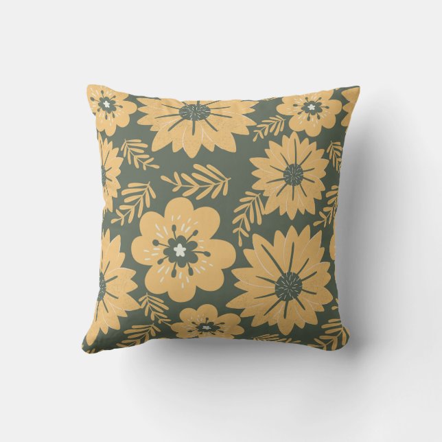 Retro Vintage Yellow Green Floral  Cushion (Back)