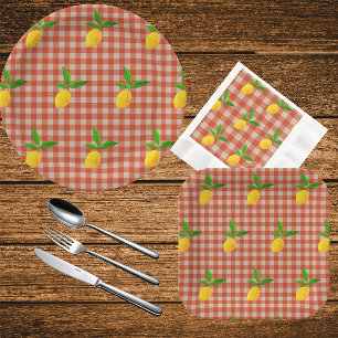 Retro Vintage Yellow Lemons on Red White Checks Paper Plate