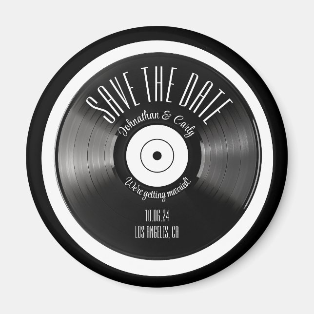 Retro vinyl record black save the date photo  magnet (Front)