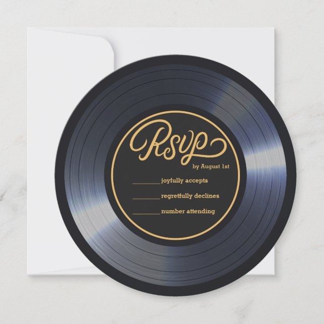 Retro Vinyl Record Black Wedding RSVP Invitation (Front)