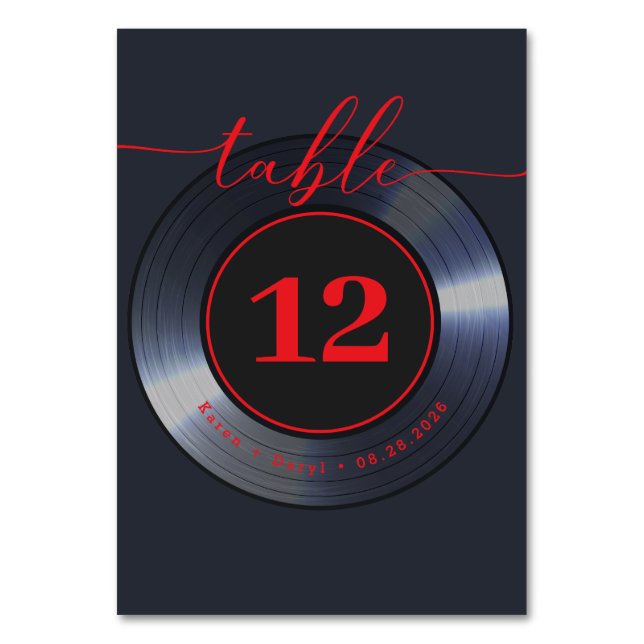 Retro Vinyl Record Black Wedding  Table Number (Front)