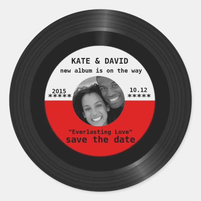 Retro Vinyl Record l Modern Save-the-Date Classic Round Sticker (Front)