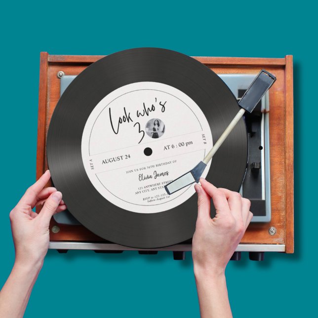 Retro vinyl record look who’s 30, 30th birthday in invitation (Creator Uploaded)