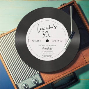Retro vinyl record look who’s 30, 30th birthday in invitation