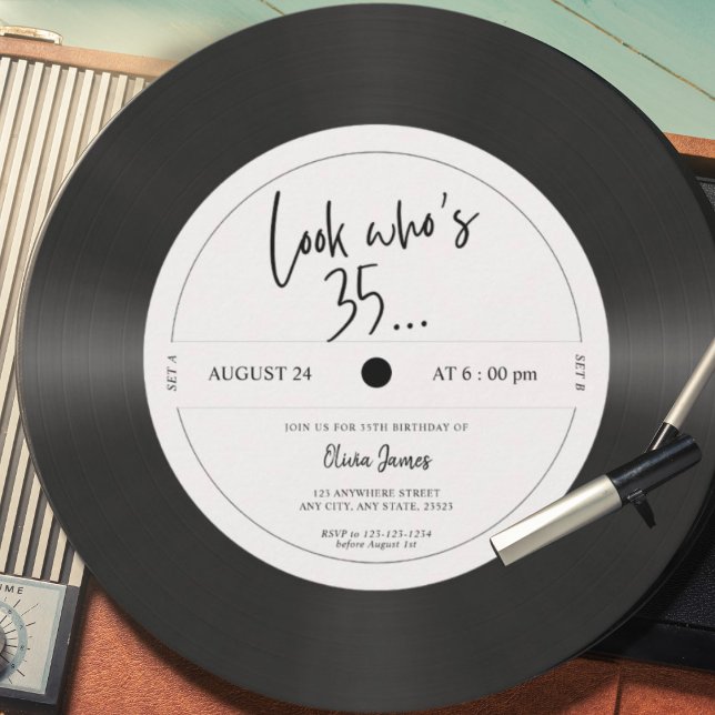 Retro vinyl record look who’s 35, 35th birthday invitation (Creator Uploaded)