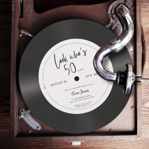 Retro vinyl record look who’s 50, 50th birthday in invitation
