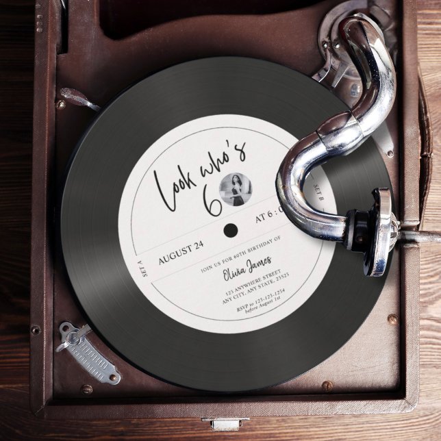 Retro vinyl record look who’s 60, 60th birthday  invitation (Creator Uploaded)