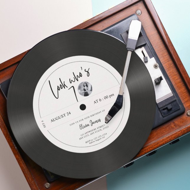 Retro vinyl record look who’s 70, 70th birthday  invitation (Creator Uploaded)