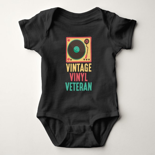 Retro Vinyl Record music turntable techno Dj Baby Bodysuit (Front)
