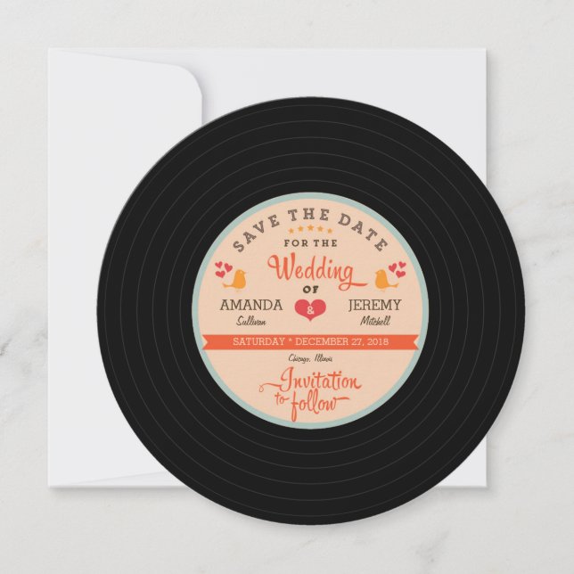 Retro Vinyl Record Orange Sky Blue Save the Date (Front)