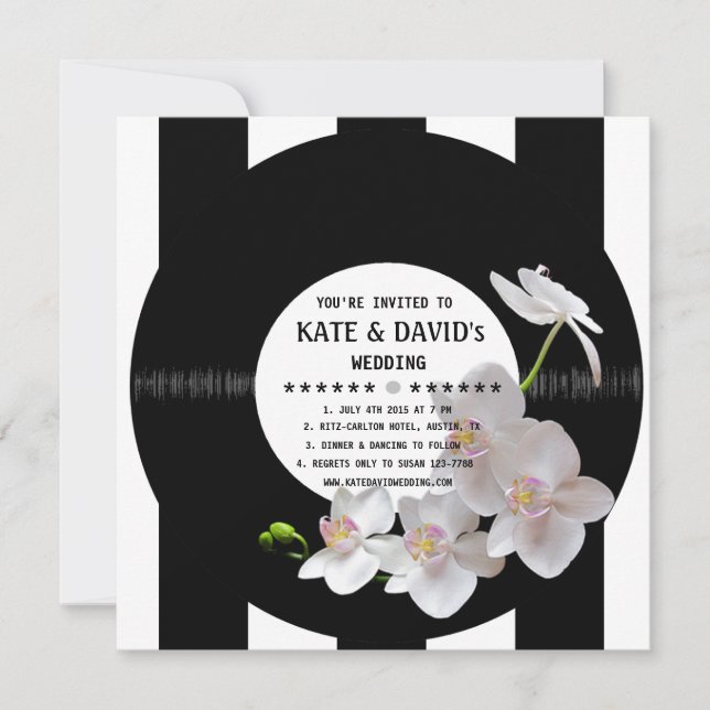 Retro Vinyl Record Orchids Modern Wedding Invites (Front)