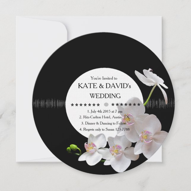 Retro Vinyl Record Orchids Modern Wedding Invites (Front)