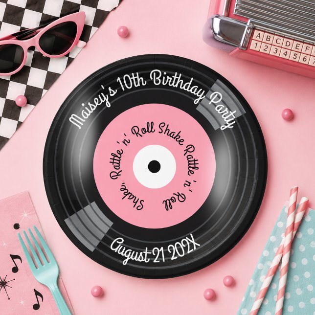 Retro Vinyl Record Party Paper Plate (Pink retro vinyl album record paper plate)