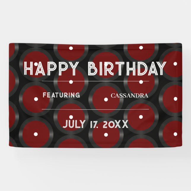 Retro Vinyl Record Pattern Happy Birthday Party Banner (Horizontal)