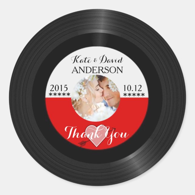 Retro Vinyl Record Photo Wedding Favour Thank You Classic Round Sticker (Front)