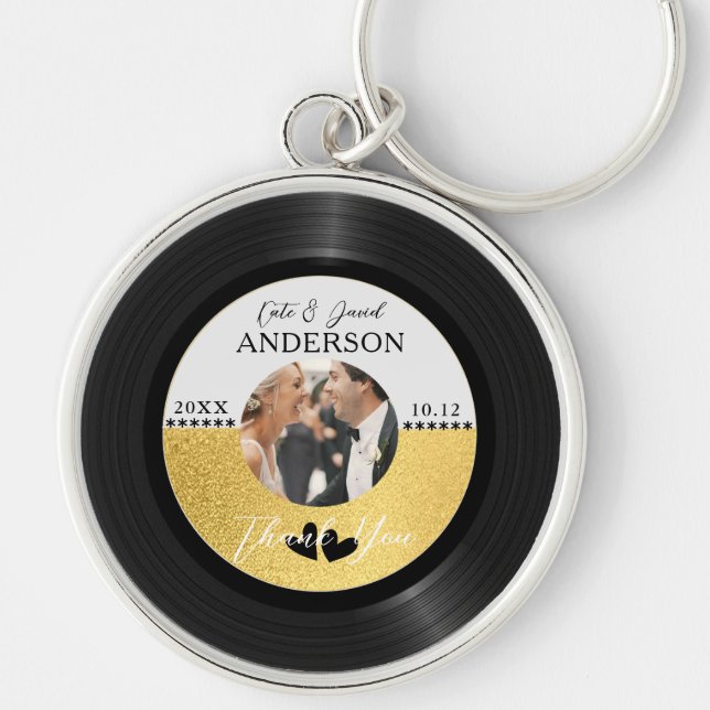 Retro Vinyl Record Photo Wedding Favour Thank You Key Ring (Front)