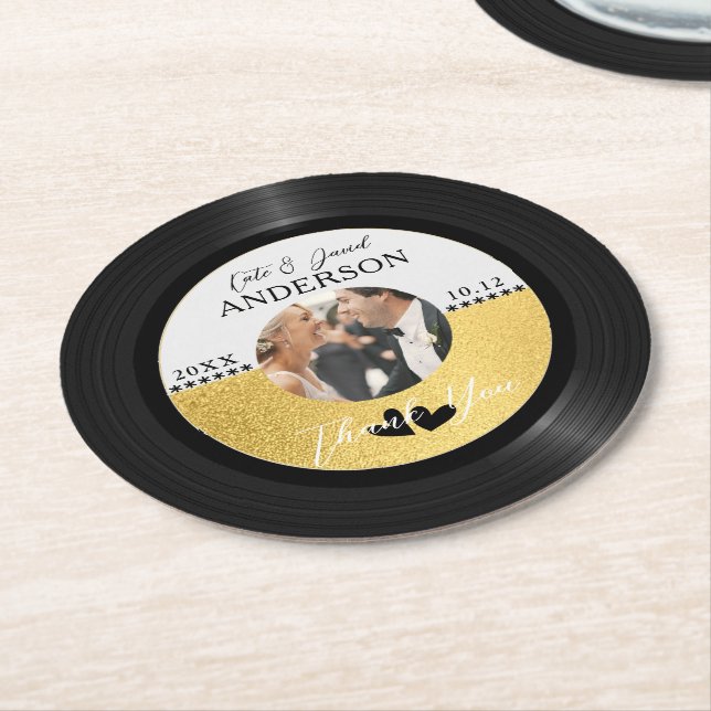 Retro Vinyl Record Photo Wedding Favour Thank You Round Paper Coaster (Angled)