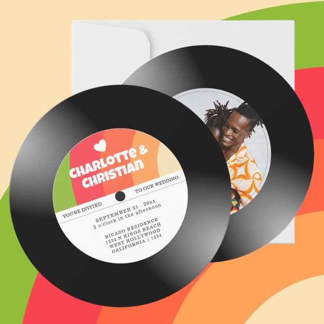 Retro Vinyl Record Photo Wedding Invitation (Retro Vinyl Record Photo Wedding Invitations from Ricaso. Add photo & text to these novelty invites)