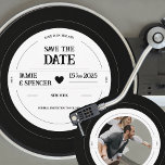 Retro Vinyl Record Photo Wedding Save the Date Invitation<br><div class="desc">**"Vintage Vibes: Retro Vinyl Record Save the Date"** Get ready to groove with our Retro Vinyl Record Save the Date, the perfect choice for music-loving couples who appreciate a touch of nostalgia. Designed in classic black and white, this card brings the timeless appeal of a vinyl record to your wedding...</div>