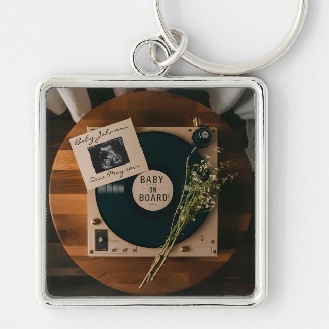 Retro Vinyl Record Player Pregnancy Announcement  Key Ring (Front)
