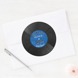 Retro Vinyl Record Rock N Roll Blue Birthday Classic Round Sticker