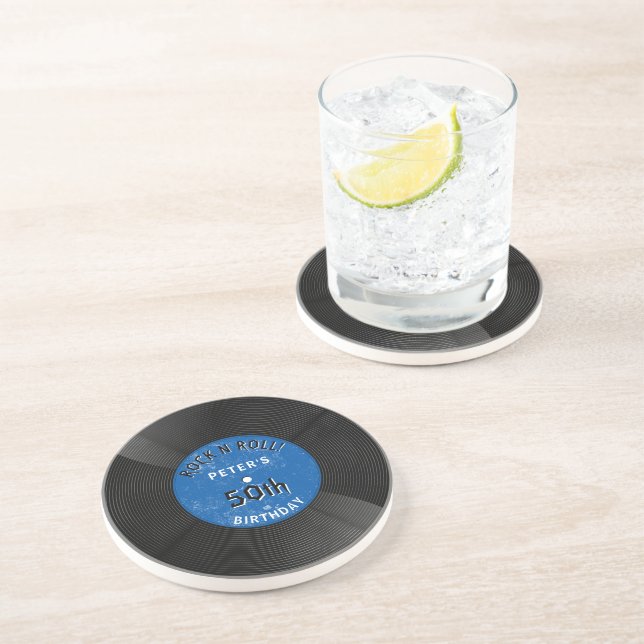 Retro Vinyl Record Rock N Roll Blue Birthday Coaster (Side)