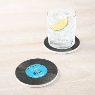 Retro Vinyl Record Rock N Roll Blue Birthday Coaster