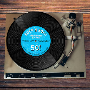 Retro Vinyl Record Rock N Roll Blue Birthday Invitation