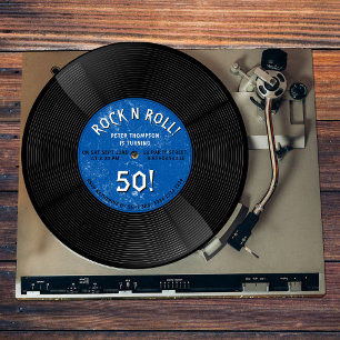Retro Vinyl Record Rock N Roll Blue Birthday Invitation