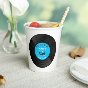 Retro Vinyl Record Rock N Roll Blue Birthday Paper Cups