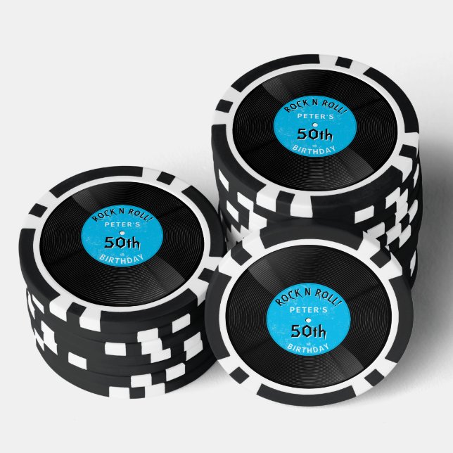 Retro Vinyl Record Rock N Roll Blue Birthday Poker Chips (Stack)